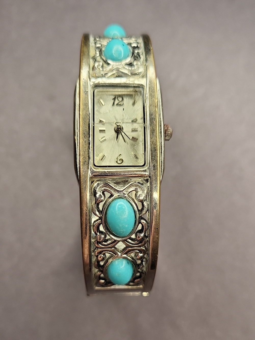 Turquoise Stone Silver-Tone Cuff Watch Bracelet
